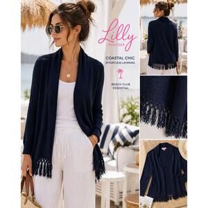 Lilly Pulitzer Navy Fringe Cardigan L Coastal Boho Resort Open Front Sweater